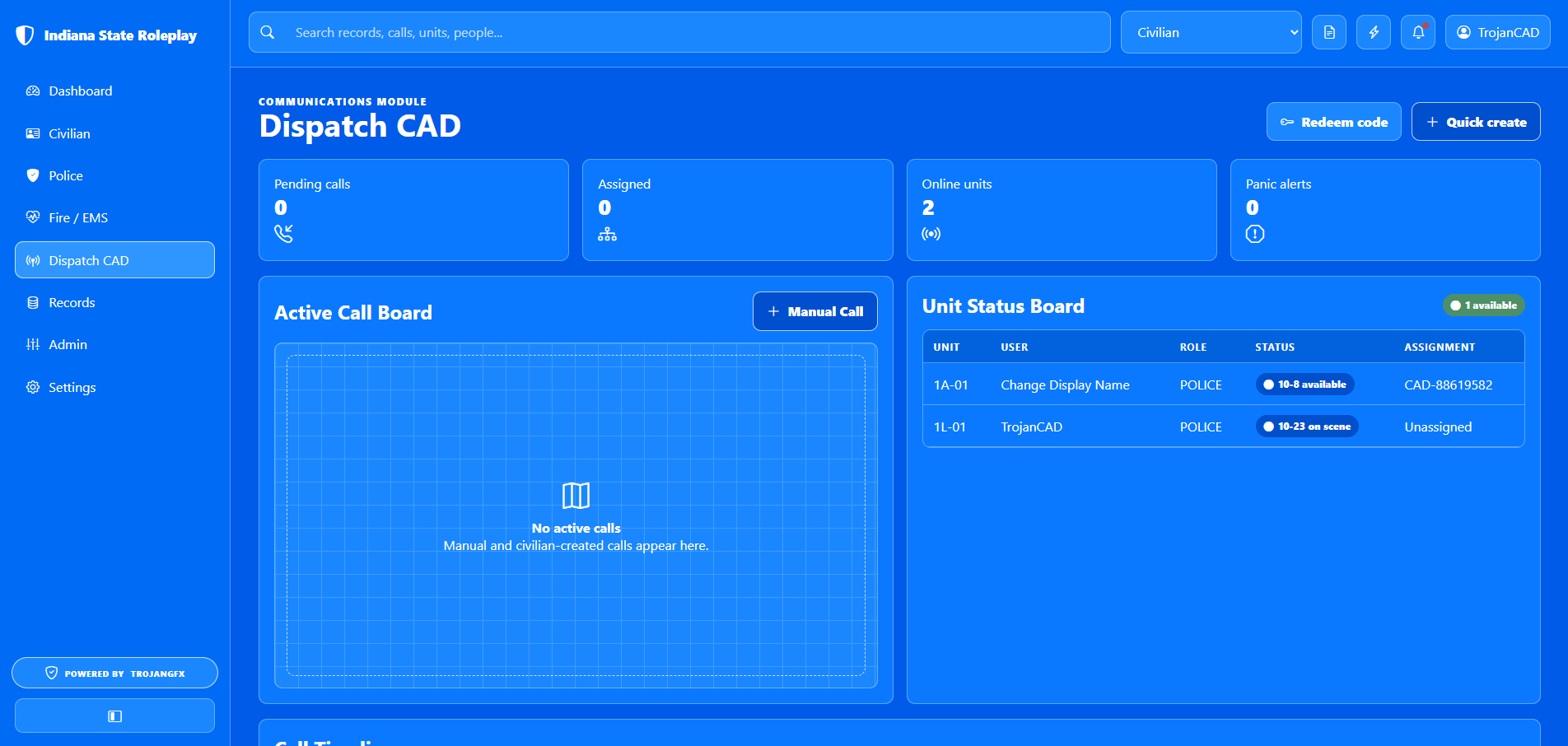 TrojanCAD call creation and active call board screenshot